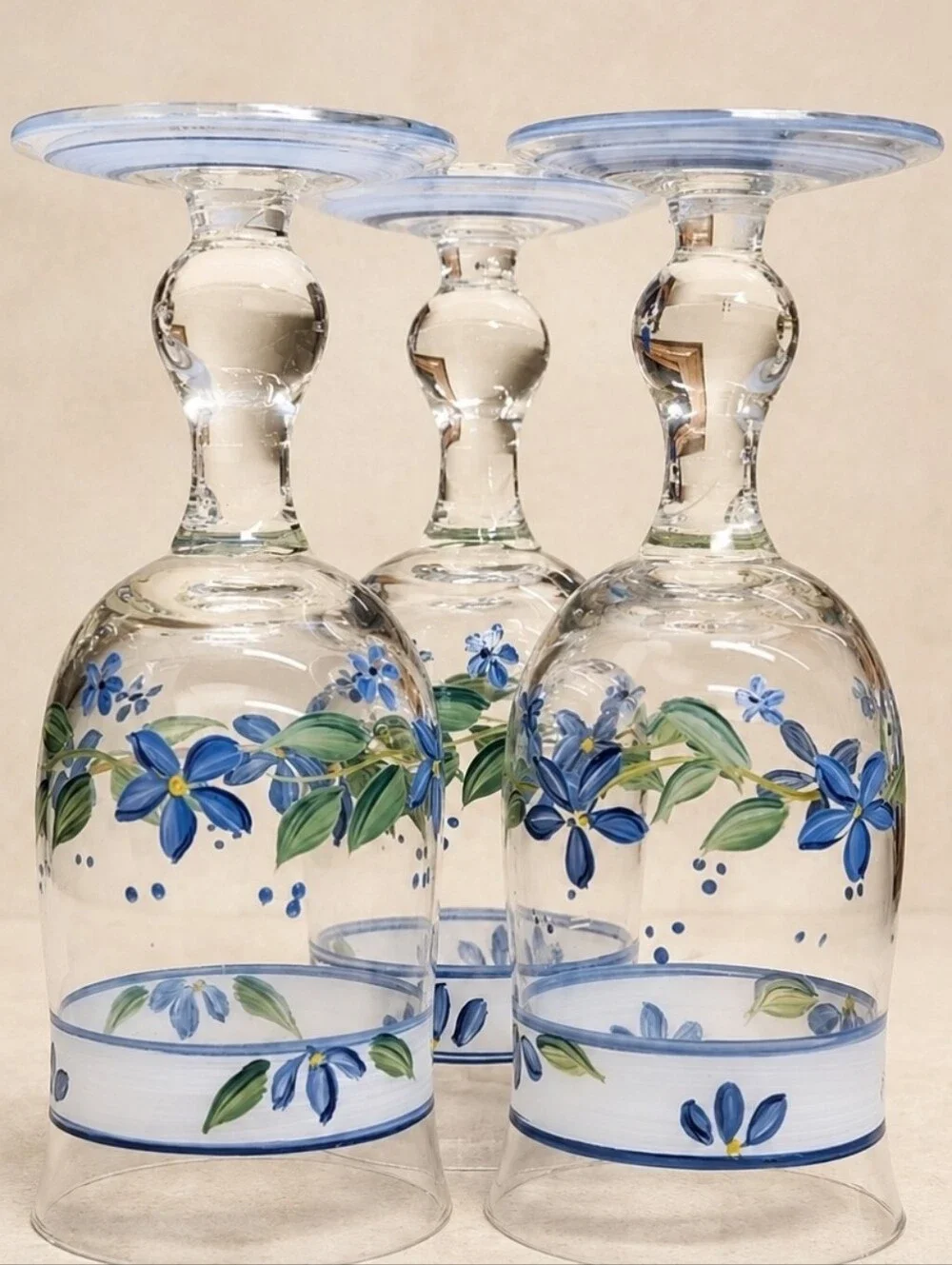 Vintage Hand Painted Blue Floral Glass Goblets Set of 3 Summer Breeze Style